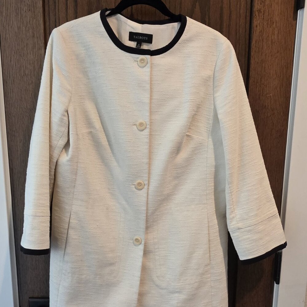 Talbots Mid-length cream jacket with black trim, textured cotton blend, size 12